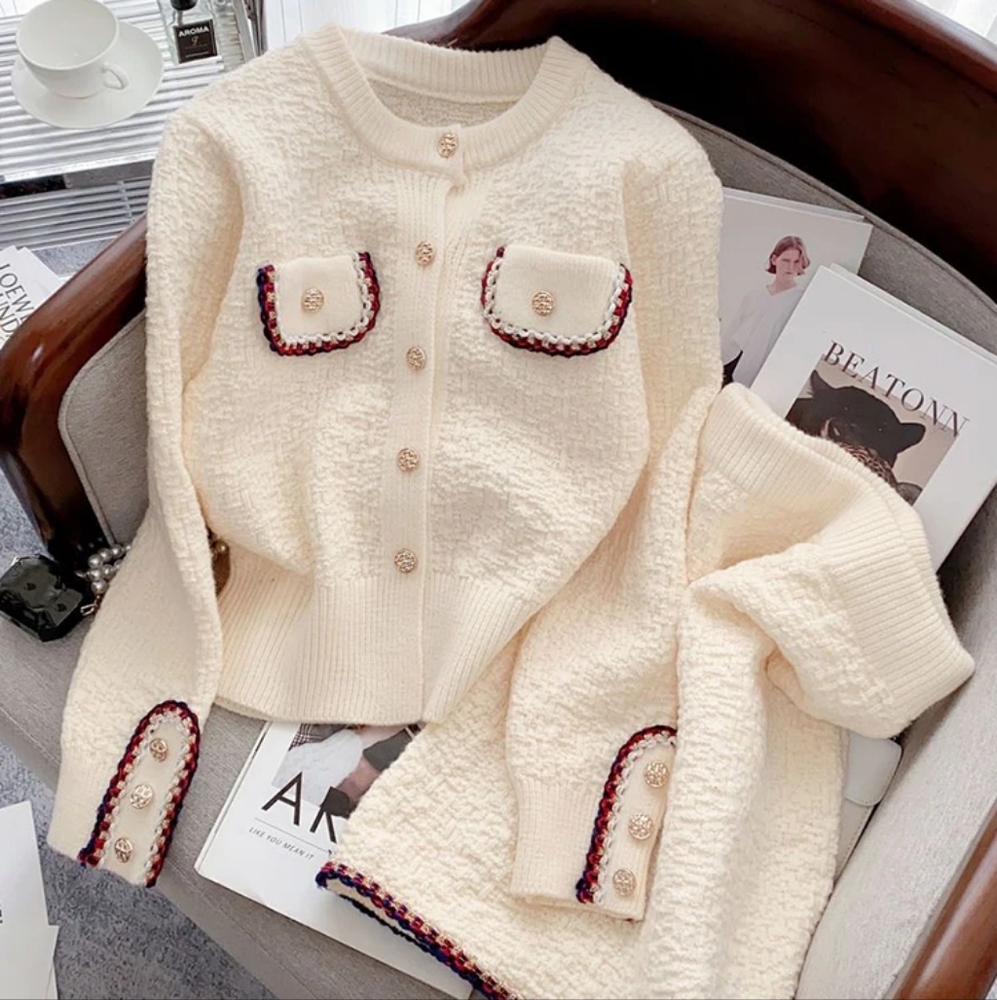 Two Piece Sets Womens Office Lady Long Sleeve Knitted Cardigan Sweater High Wais